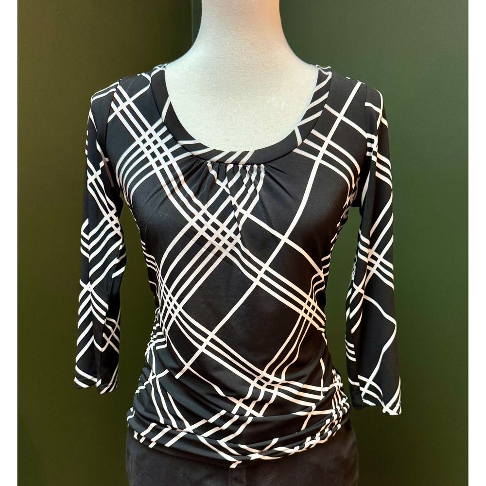 New York & Company Black & White Geometric Plaid Stretch Top Women's XS
